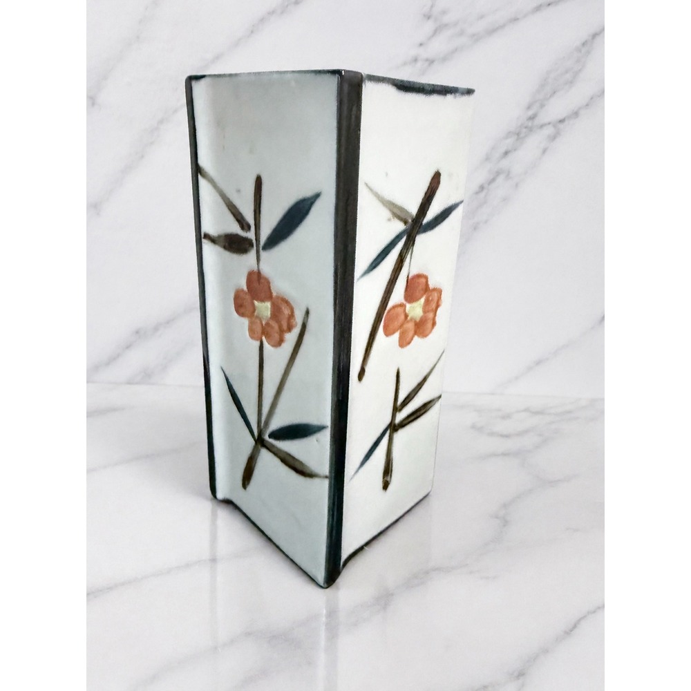 Vintage Japanese Square Ceramic Flower Vase Hand Painted Orange Floral Bamboo 7" - Picture 2 of 8